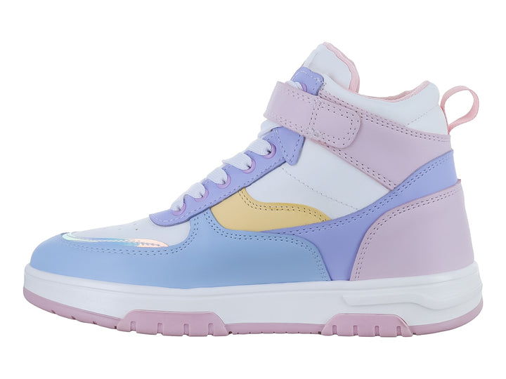 Tenis botín multicolor en tonos pastel con agujetas y correa de velcro.
