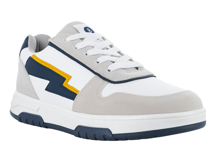 Tenis infantiles color blanco y gris con detalles en azul marino y amarillo en forma de rayo.