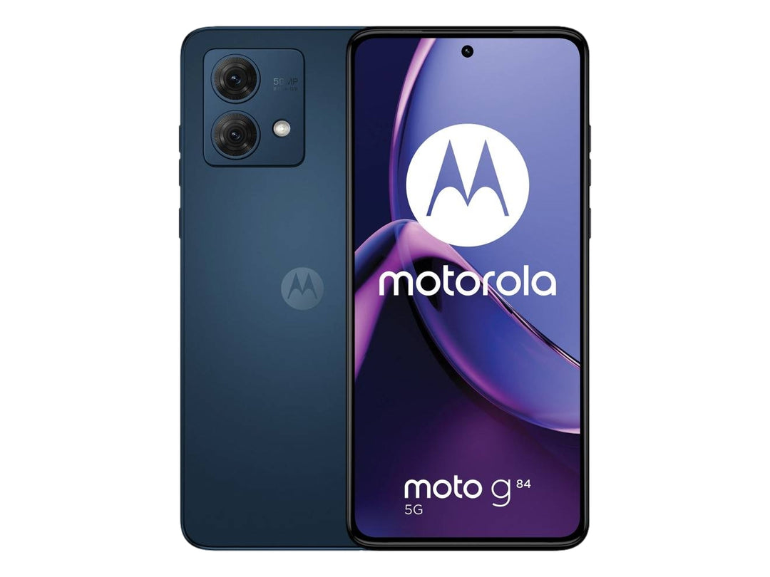 Smartphone Motorola G13 color gris, vista frontal y trasera.