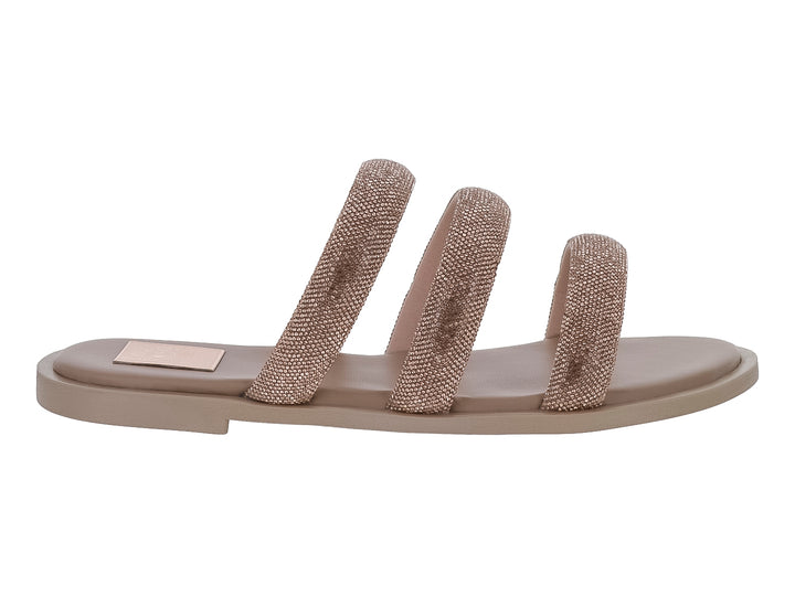 Sandalias planas color oro rosado con tres tiras brillantes y suela mate.