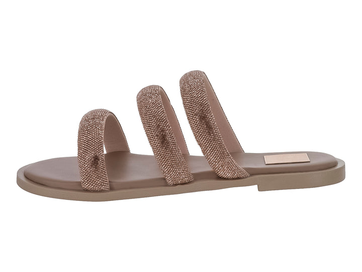 Sandalias planas color oro rosado con tres tiras brillantes y suela mate.