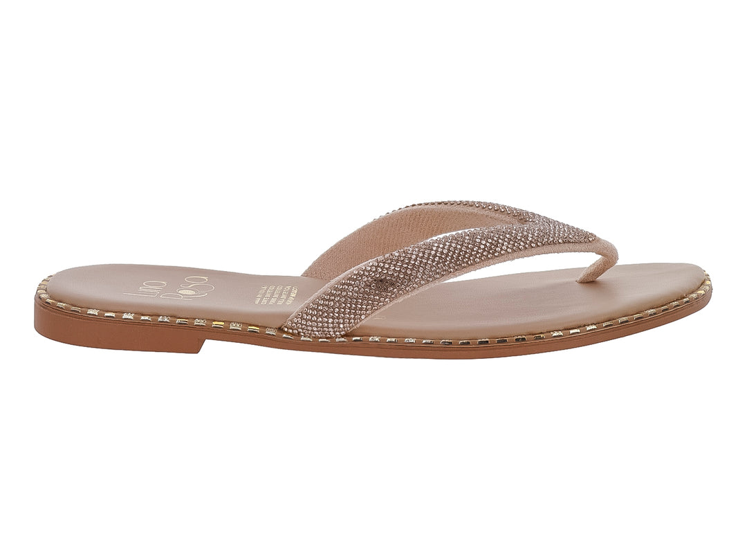 Sandalias planas color oro rosado con tira ancha decorada con brillantes.