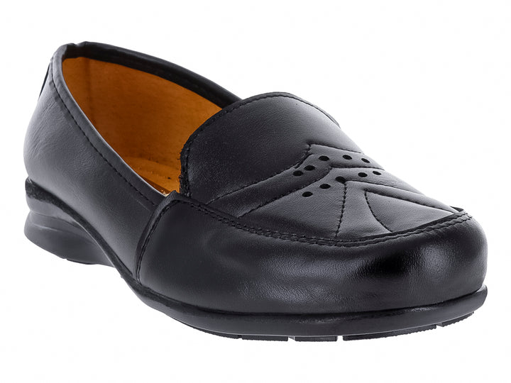 Zapato plano tipo mocasín de piel color negro para Mujer.