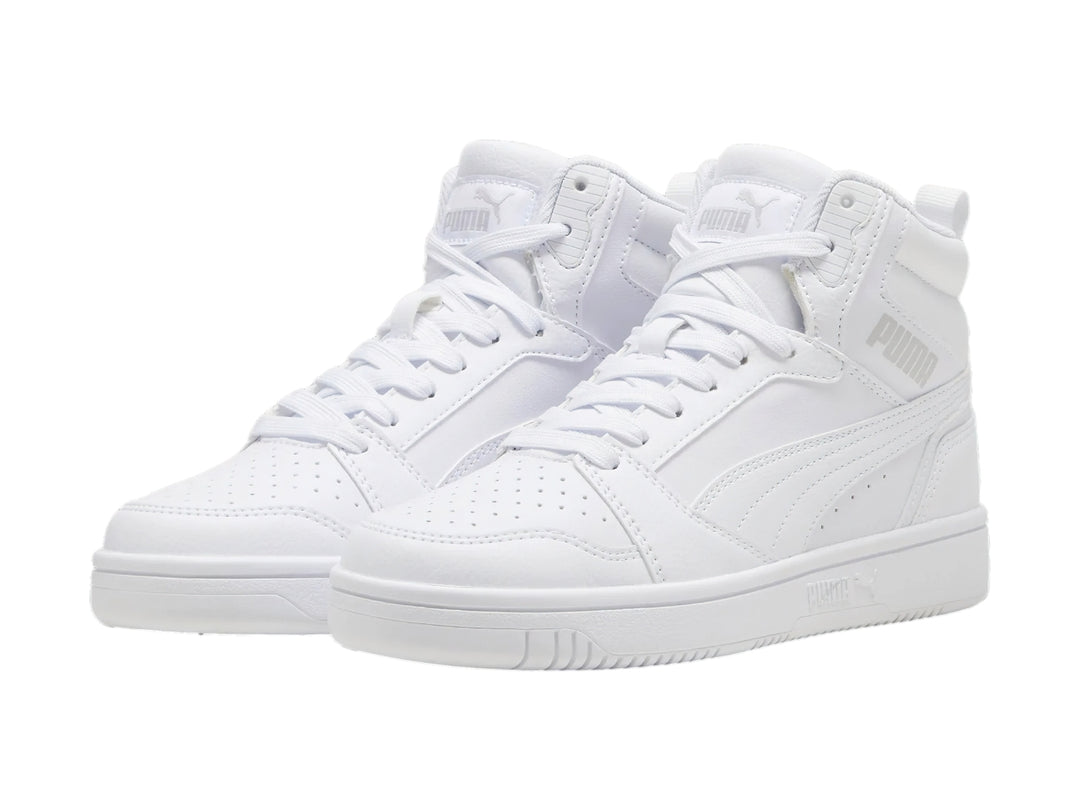 Tenis PUMA Rebound V6 Mid Blancos y Grises para Nino