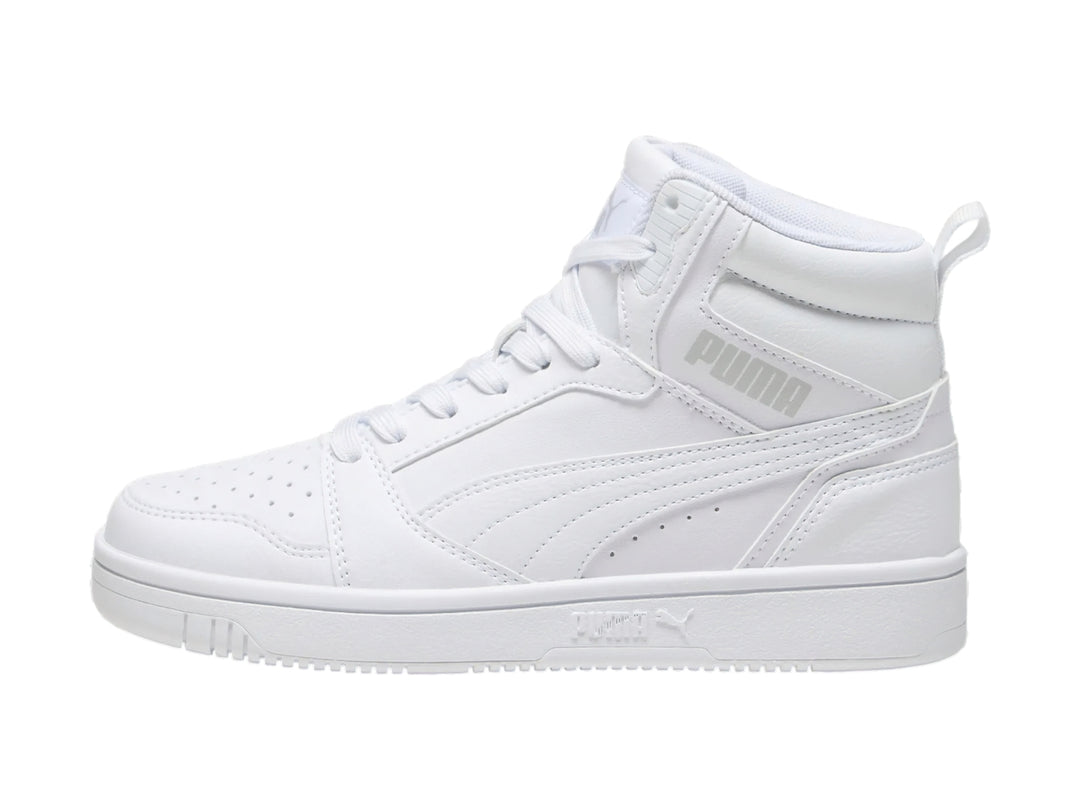 Tenis PUMA Rebound V6 Mid Blancos y Grises para Nino