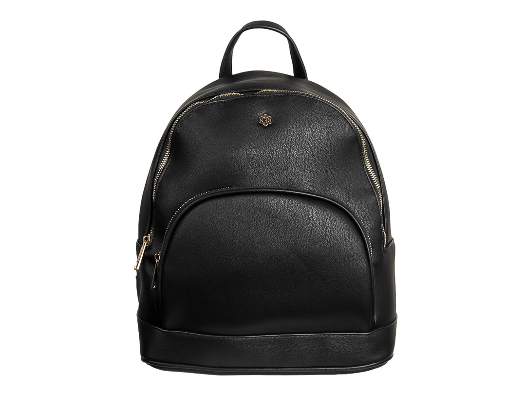 Mochila negra de material sintético con textura rugosa, detalles en dorado y asa superior.
