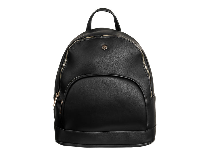 Mochila negra de material sintético con textura rugosa, detalles en dorado y asa superior.