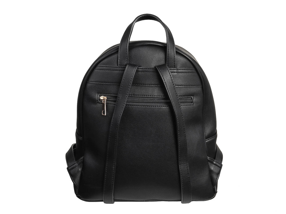Mochila negra de material sintético con textura rugosa, detalles en dorado y asa superior.