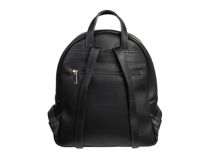 Mochila negra de material sintético con textura rugosa, detalles en dorado y asa superior.
