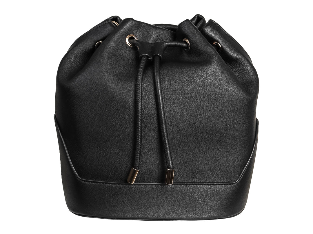 Bolso negro tipo saco de la marca ROZE con cierre de cordones y detalles metálicos dorados.