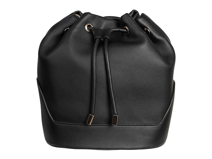 Bolso negro tipo saco de la marca ROZE con cierre de cordones y detalles metálicos dorados.