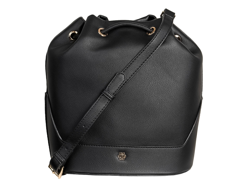 Bolso negro tipo saco de la marca ROZE con cierre de cordones y detalles metálicos dorados.