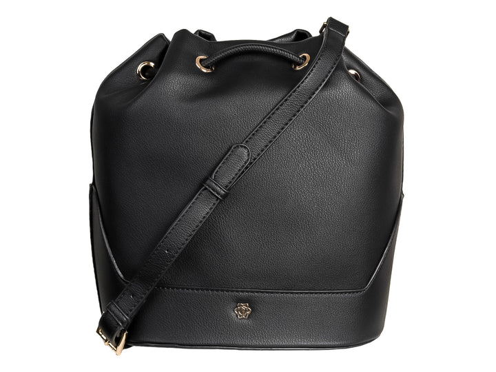 Bolso negro tipo saco de la marca ROZE con cierre de cordones y detalles metálicos dorados.