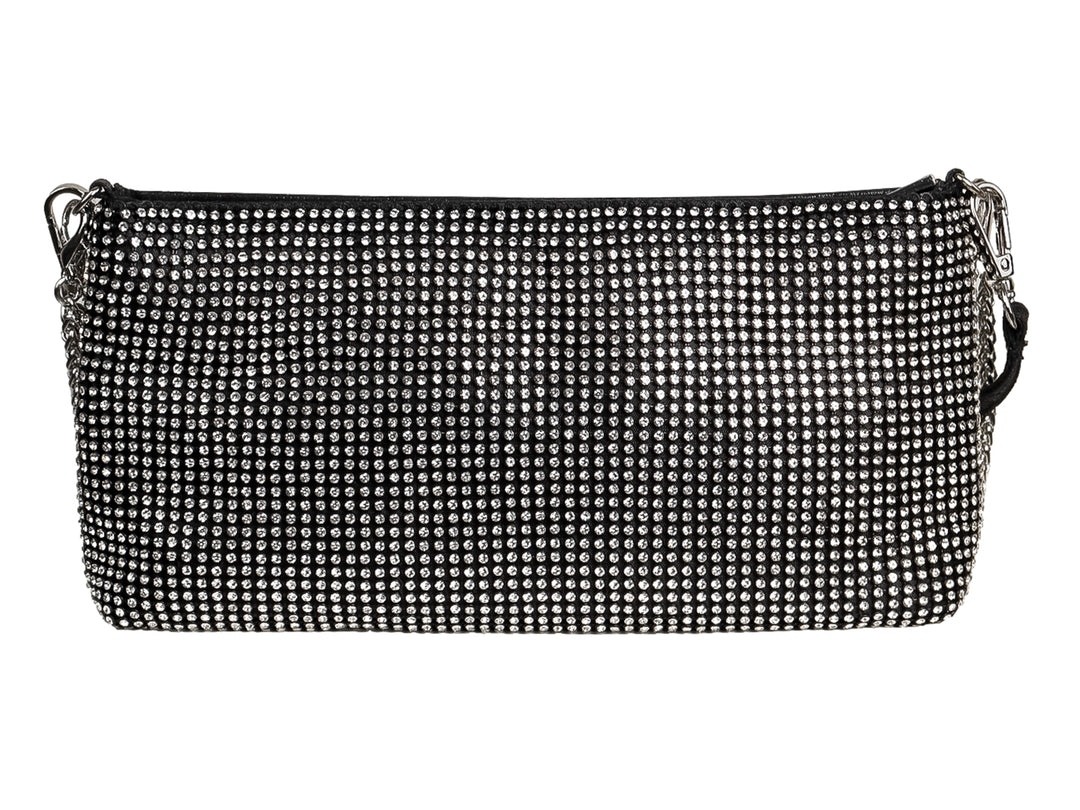 Bolso de fiesta color negro cubierto totalmente con cristales brillantes plateados y cierre superior.