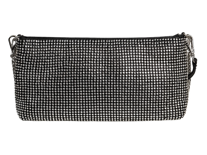 Bolso de fiesta color negro cubierto totalmente con cristales brillantes plateados y cierre superior.