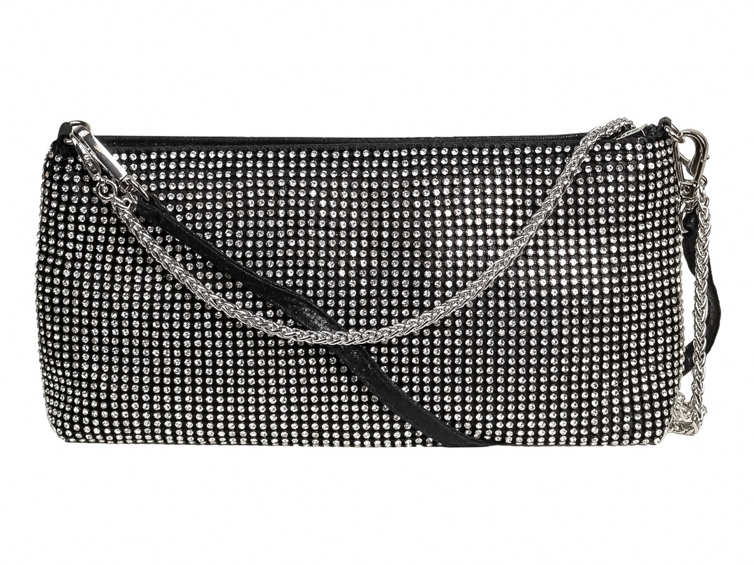 Bolso de fiesta color negro cubierto totalmente con cristales brillantes plateados y cierre superior.