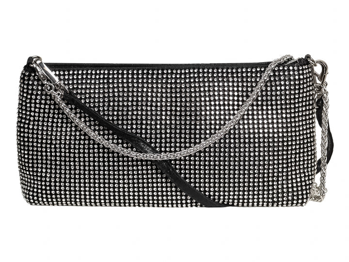 Bolso de fiesta color negro cubierto totalmente con cristales brillantes plateados y cierre superior.