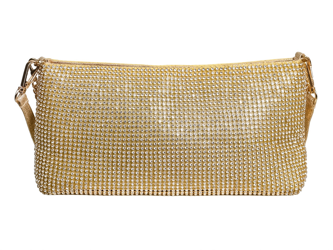 Bolso de fiesta color dorado cubierto totalmente por cristales brillantes con correa corta.