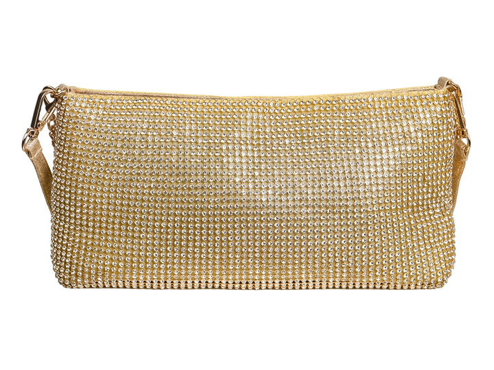 Bolso de fiesta color dorado cubierto totalmente por cristales brillantes con correa corta.