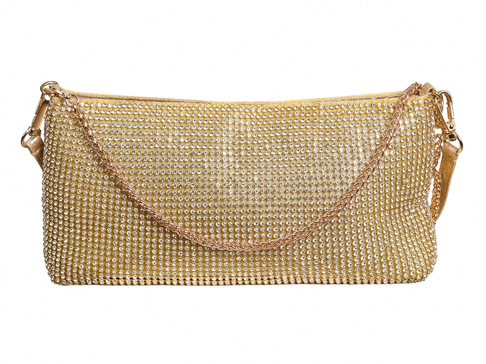 Bolso de fiesta color dorado cubierto totalmente por cristales brillantes con correa corta.
