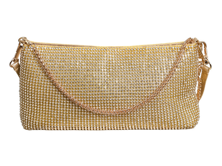 Bolso de fiesta color dorado cubierto totalmente por cristales brillantes con correa corta.