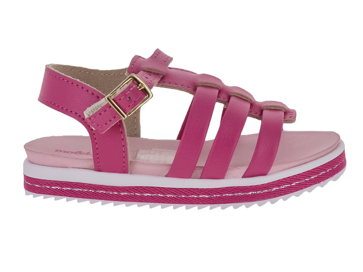 Sandalia rosa para niña de la marca Molekinha con correas frontales, hebilla ajustable y suela blanca dentada.