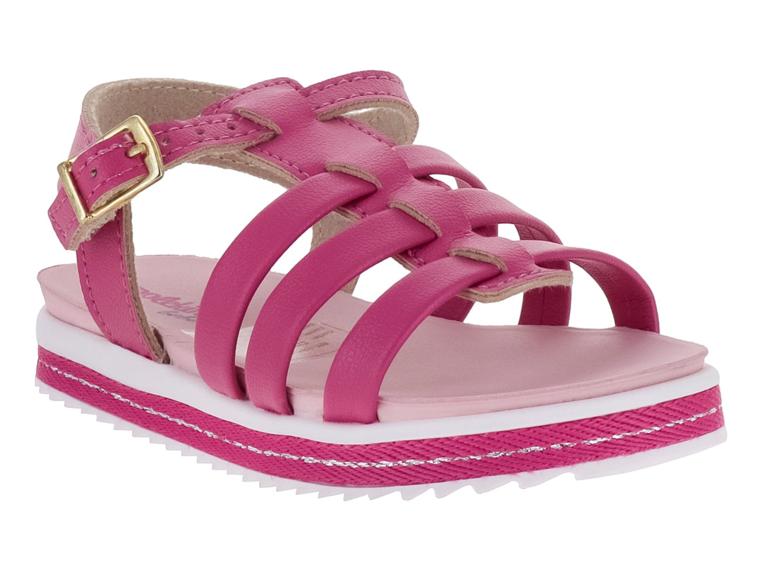Sandalia rosa para niña de la marca Molekinha con correas frontales, hebilla ajustable y suela blanca dentada.