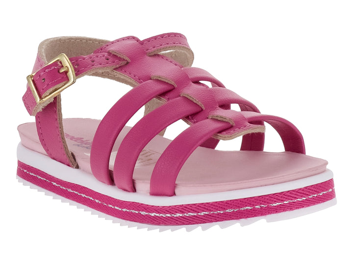 Sandalia rosa para niña de la marca Molekinha con correas frontales, hebilla ajustable y suela blanca dentada.