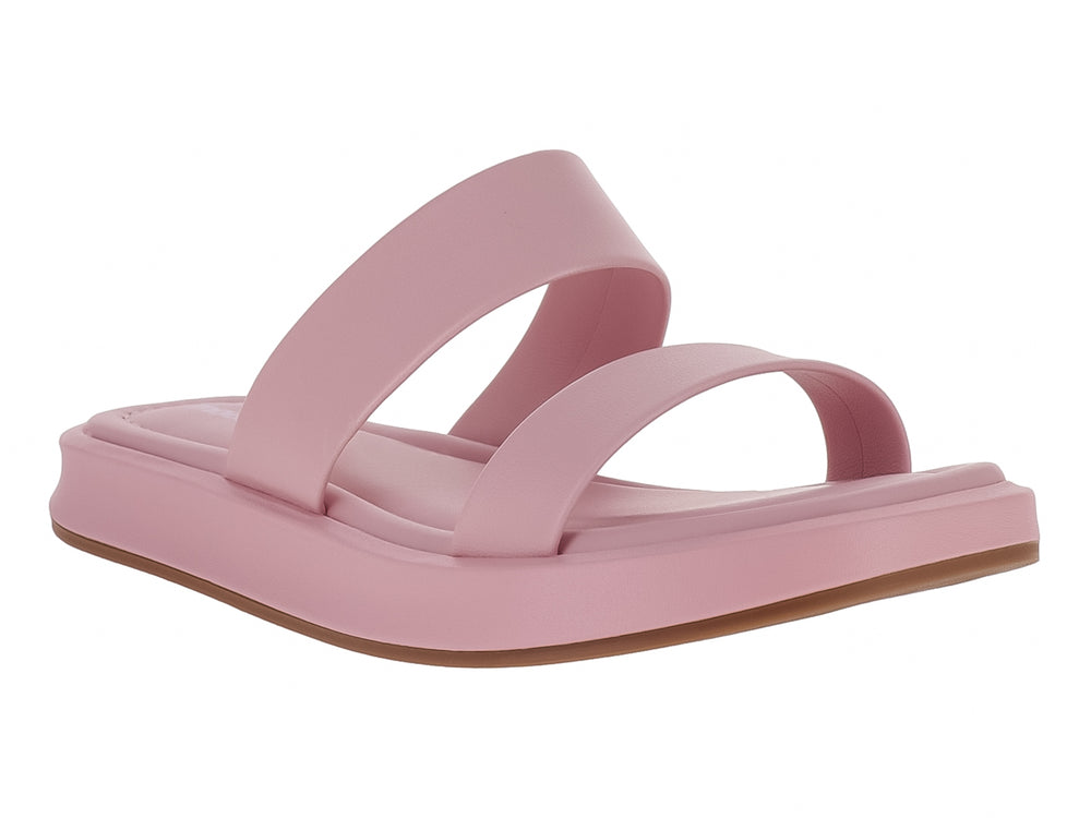 Sandalia rosa de plataforma para niña con dos tiras anchas y suela gruesa.