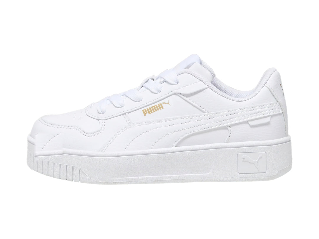 Tenis PUMA Carina Street PS en color blanco con suela de plataforma y cordones.