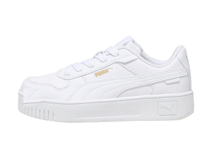 Tenis PUMA Carina Street PS en color blanco con suela de plataforma y cordones.