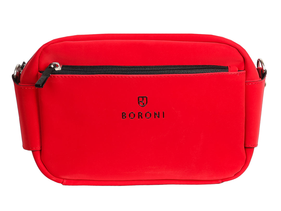 Bolso bandolera Boroni color rojo flama con cierre frontal negro y logotipo central.