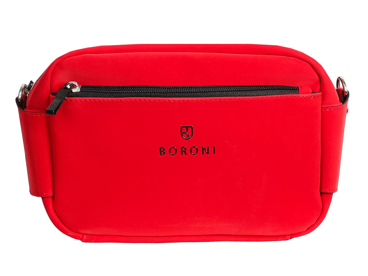 Bolso bandolera Boroni color rojo flama con cierre frontal negro y logotipo central.