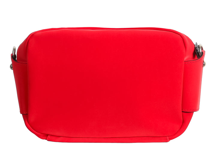 Bolso bandolera Boroni color rojo flama con cierre frontal negro y logotipo central.