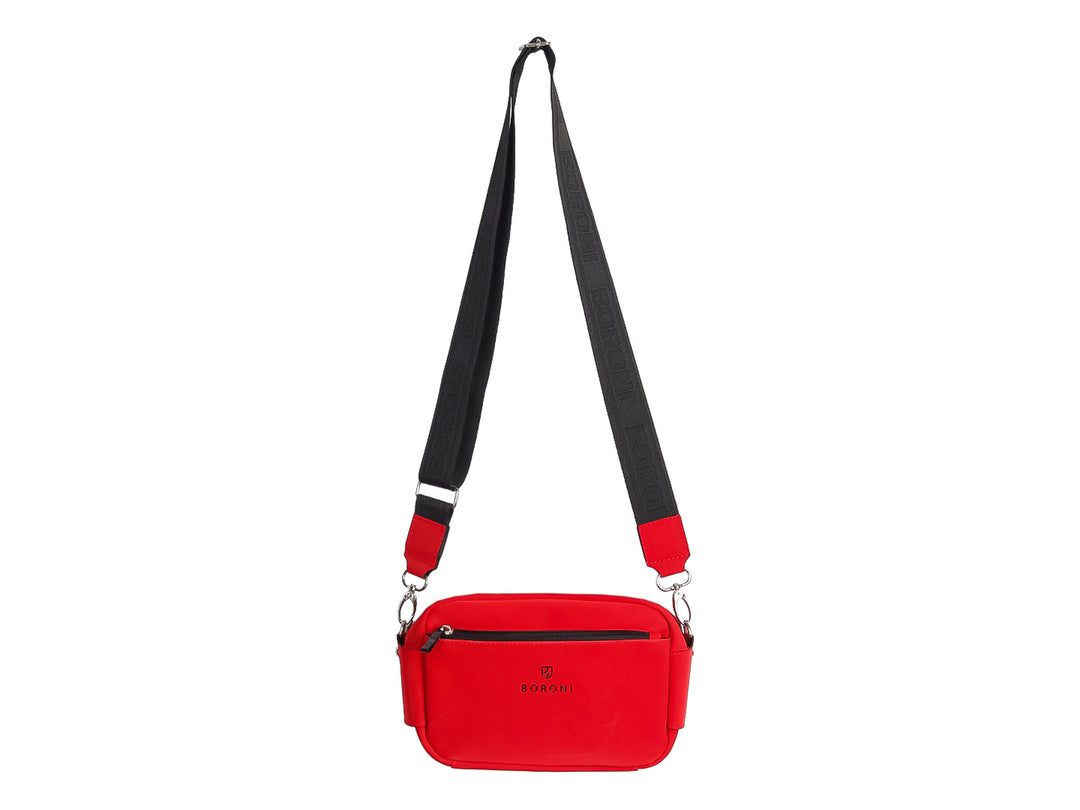 Bolso bandolera Boroni color rojo flama con cierre frontal negro y logotipo central.