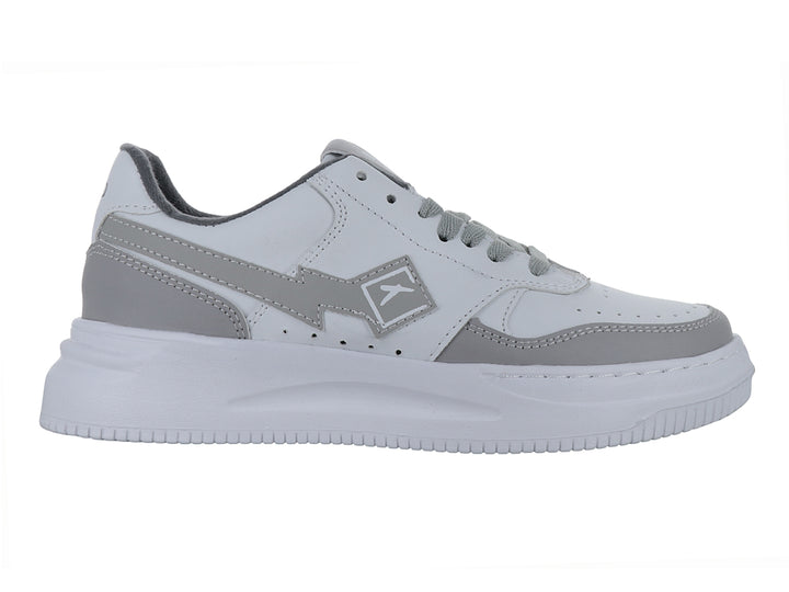 Tenis deportivos Andrax color blanco con detalles en gris y suela blanca ancha.
