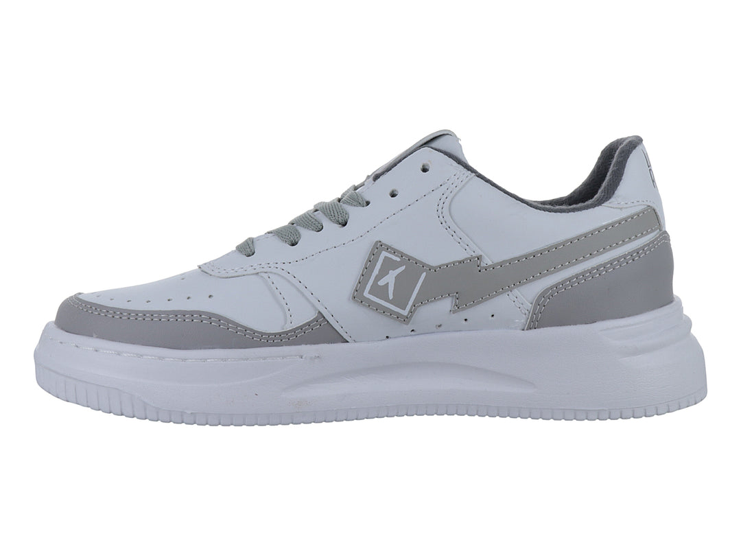 Tenis deportivos Andrax color blanco con detalles en gris y suela blanca ancha.