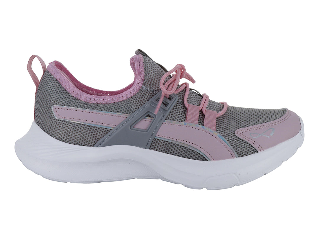 Tenis deportivos color gris y rosa con suela blanca.