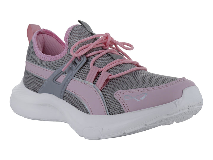 Tenis deportivos color gris y rosa con suela blanca.