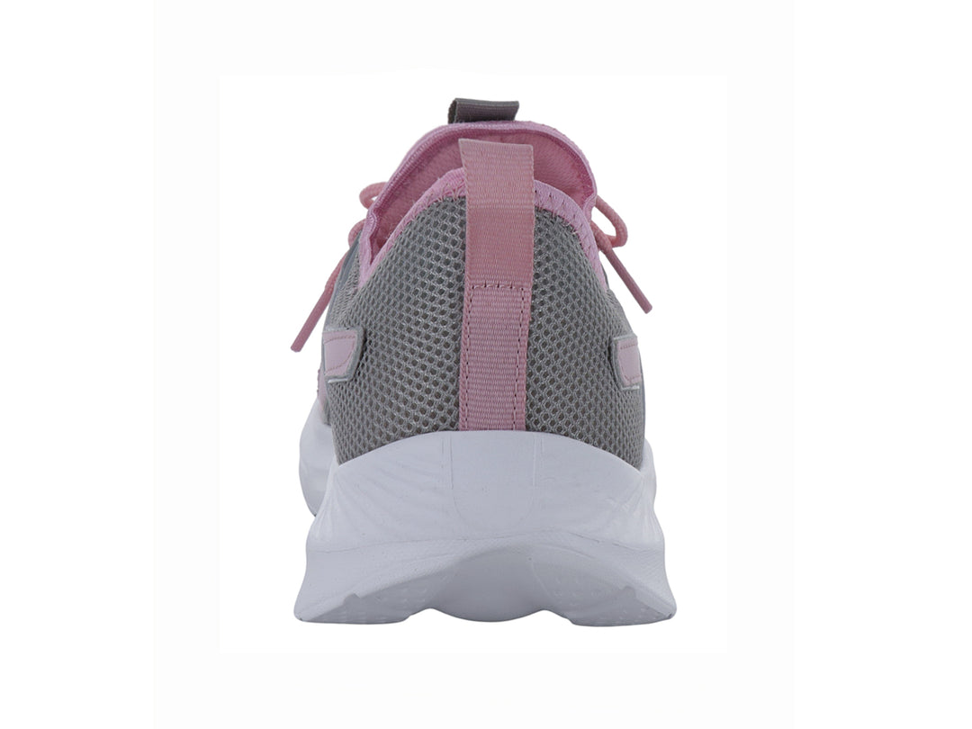 Tenis deportivos color gris y rosa con suela blanca.