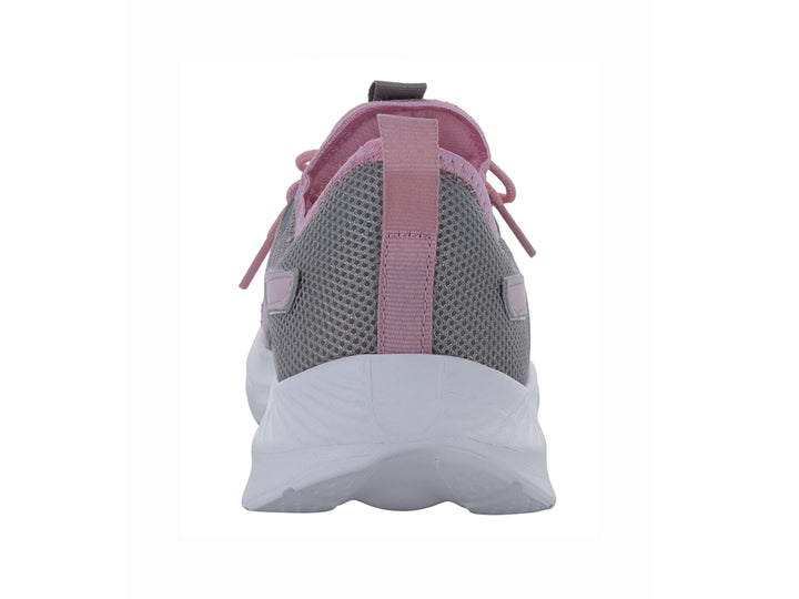 Tenis deportivos color gris y rosa con suela blanca.