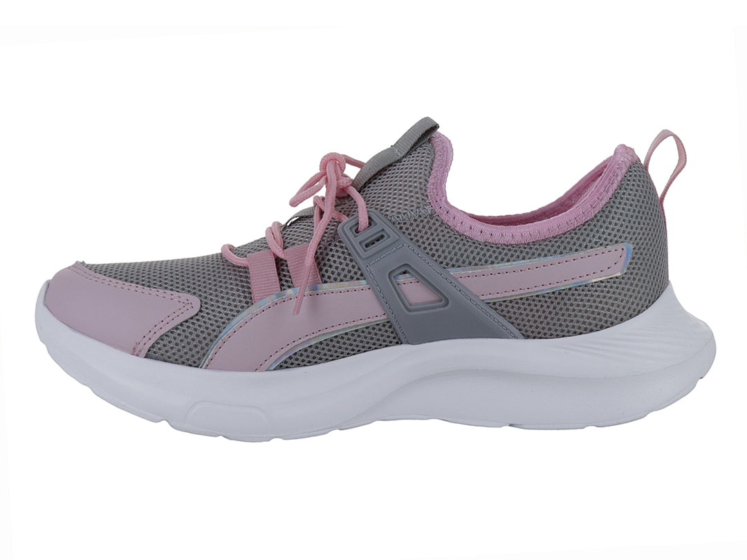 Tenis deportivos color gris y rosa con suela blanca.