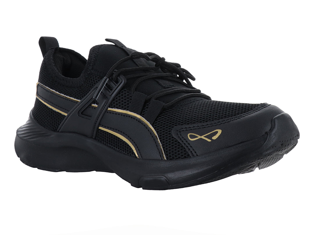 Tenis deportivos negros con detalles dorados y malla transpirable.