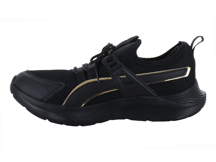 Tenis deportivos negros con detalles dorados y malla transpirable.