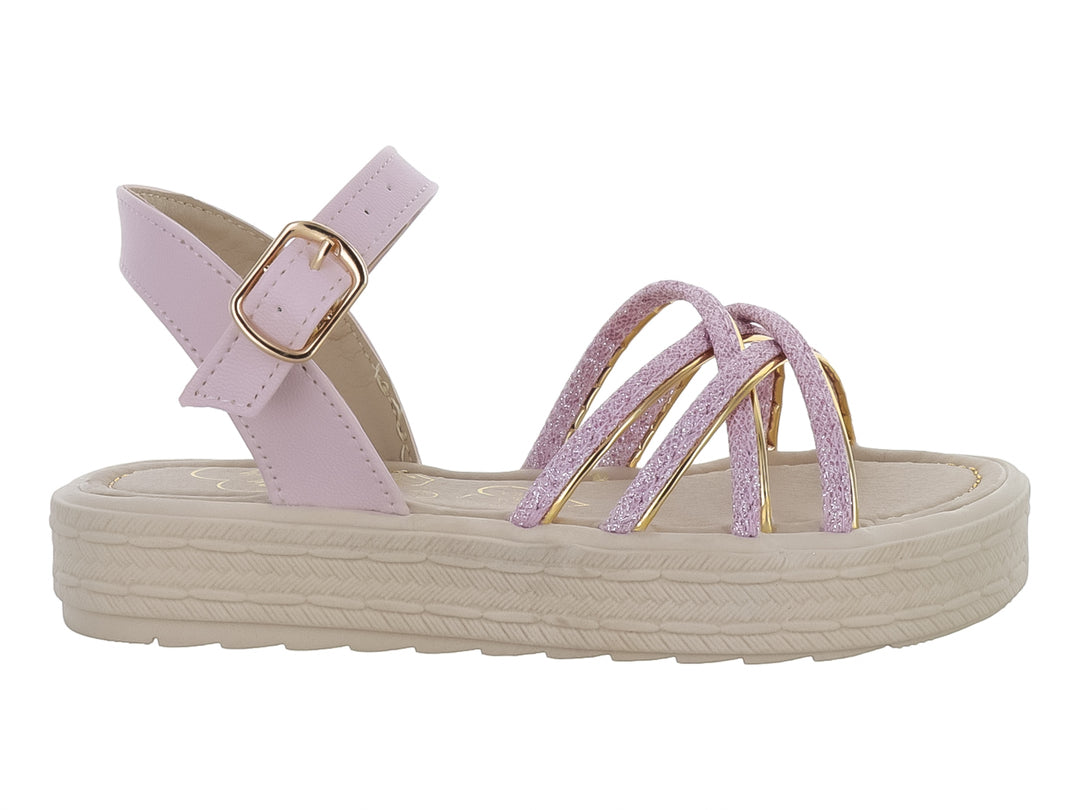 Sandalia para niña en color rosa pétalo con tiras brillantes y suela de plataforma beige.