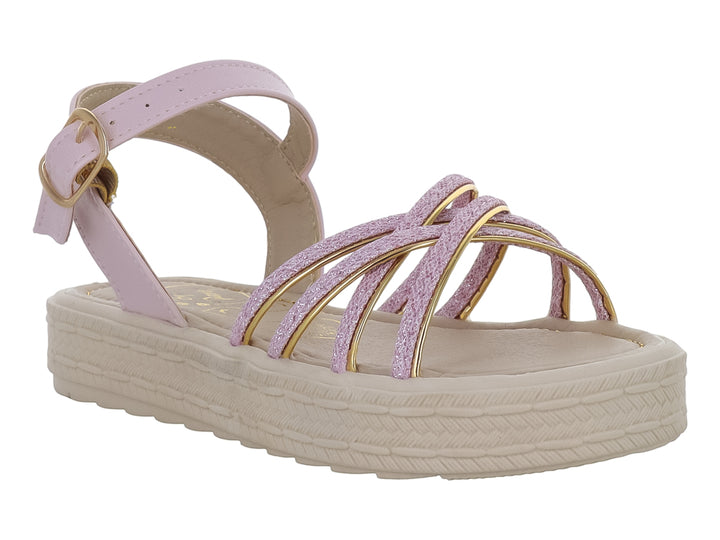 Sandalia para niña en color rosa pétalo con tiras brillantes y suela de plataforma beige.
