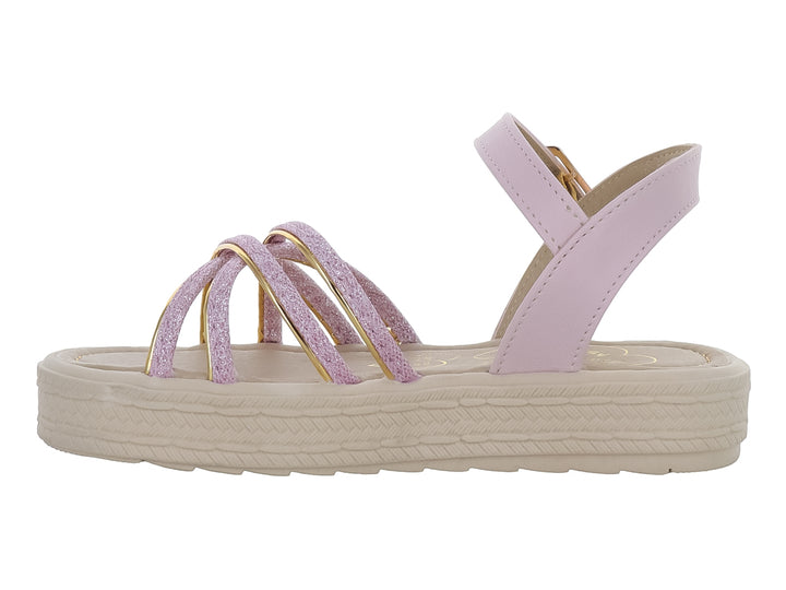Sandalia para niña en color rosa pétalo con tiras brillantes y suela de plataforma beige.