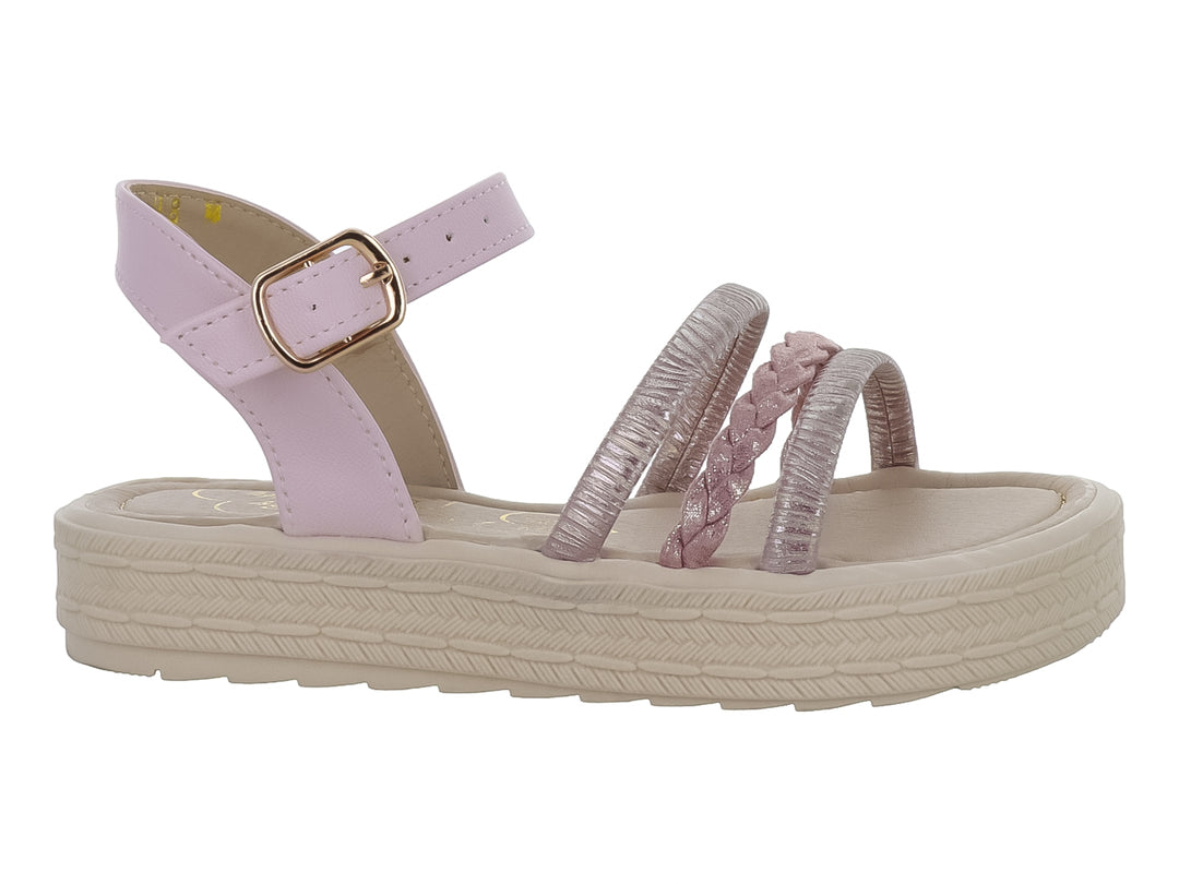 Sandalia infantil color lila con suela de plataforma beige y tiras trenzadas brillantes.