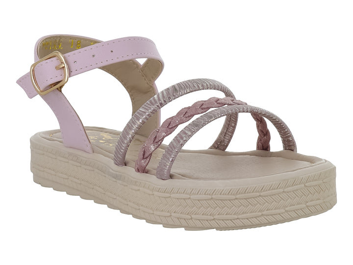 Sandalia infantil color lila con suela de plataforma beige y tiras trenzadas brillantes.