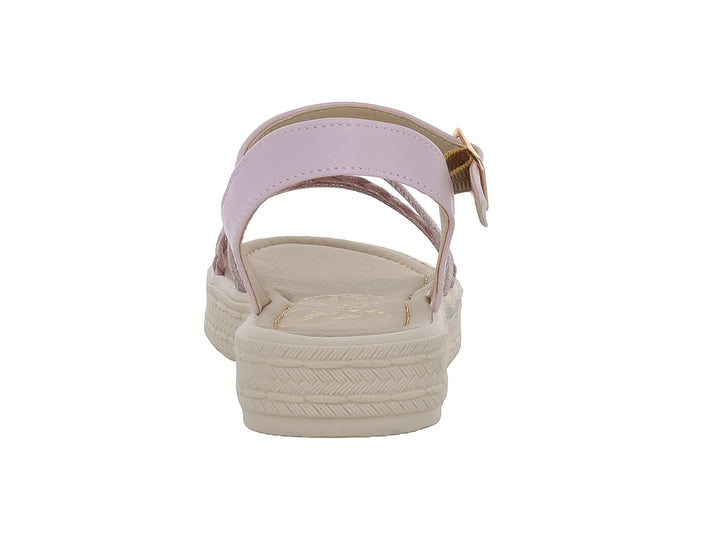Sandalia infantil color lila con suela de plataforma beige y tiras trenzadas brillantes.